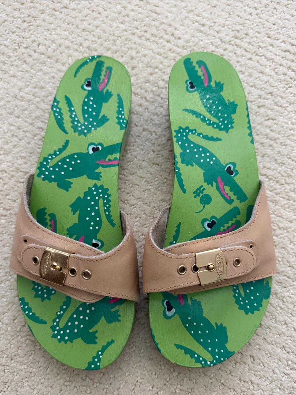 Dr. Scholl’s Green Hand-Painted Crocodile Print Slide Sandals with Beige Strap